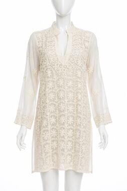 Anukshah M Ivory Embroidered Tunic Dress Kurta Sheer Sequin Boho Floral